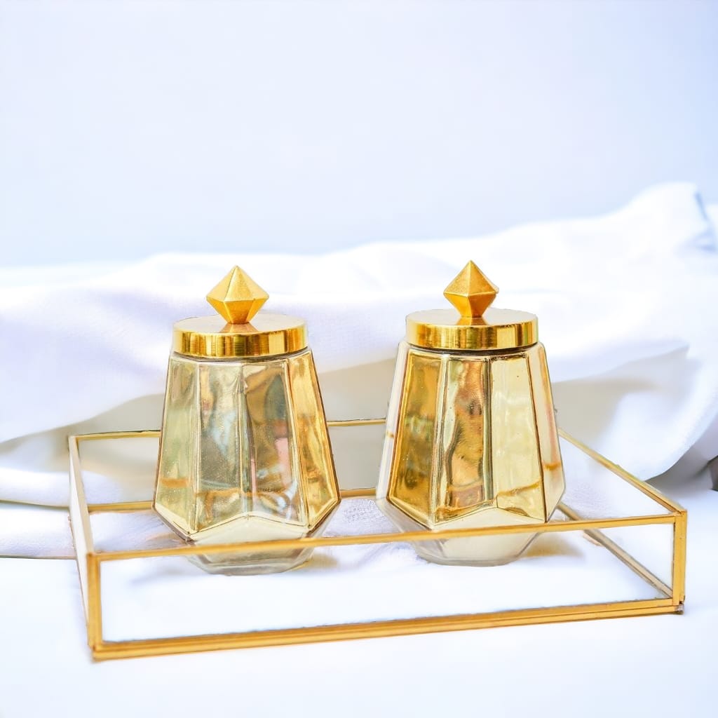 gold coated rectangle 4 inch tray with coustomized 4 inch jars